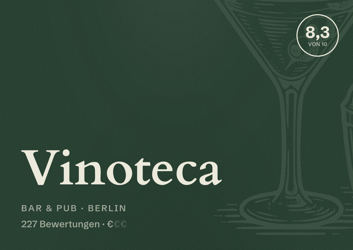 Illustriertes Poster von Vinoteca, Bar & Pub in Berlin: Bewertung 8,3 von 10 aus 227 Bewertungen, Preisniveau €