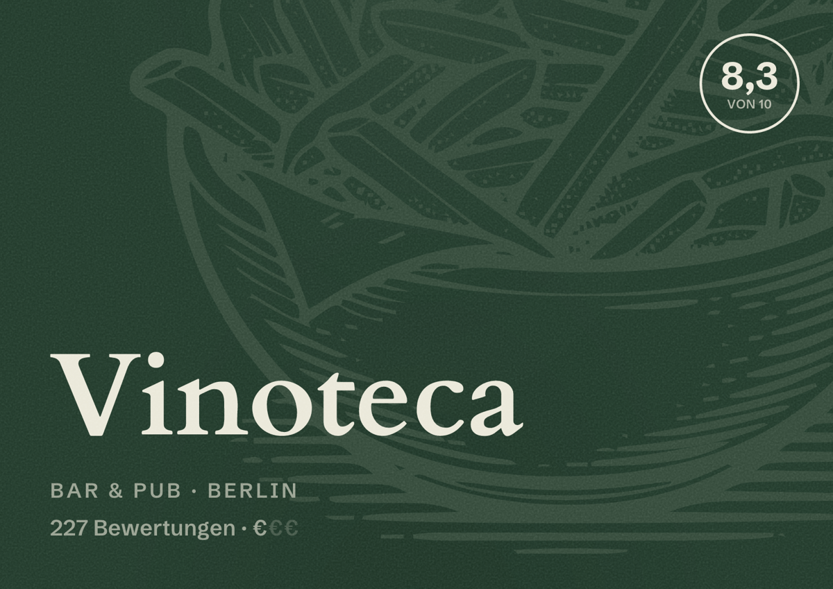Illustriertes Poster von Vinoteca, Bar & Pub in Berlin: Bewertung 8,3 von 10 aus 227 Bewertungen, Preisniveau €