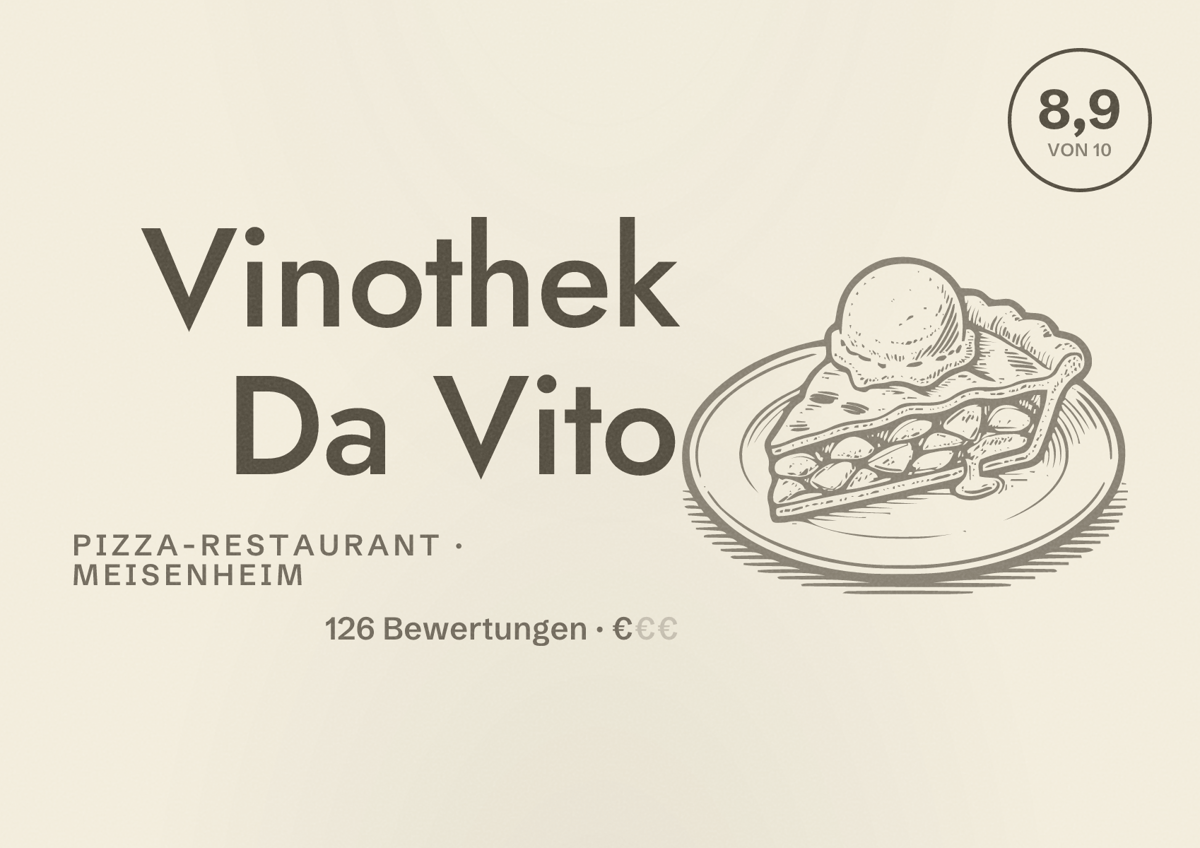 Illustriertes Poster von Vinothek Da Vito, Pizza-Restaurant in Meisenheim: Bewertung 8,9 von 10 aus 126 Bewertungen, Preisniveau €