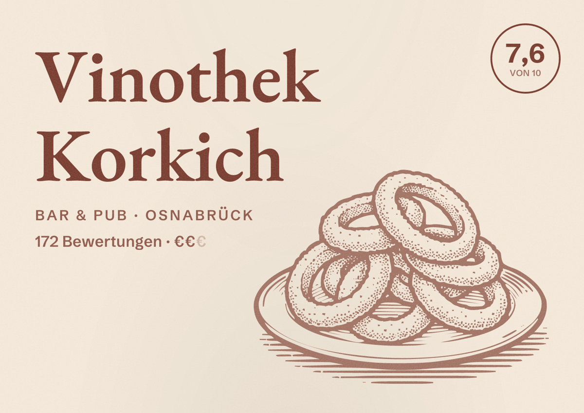 Illustriertes Poster von Vinothek Korkich, Bar & Pub in Osnabrück: Bewertung 7,6 von 10 aus 172 Bewertungen, Preisniveau €€