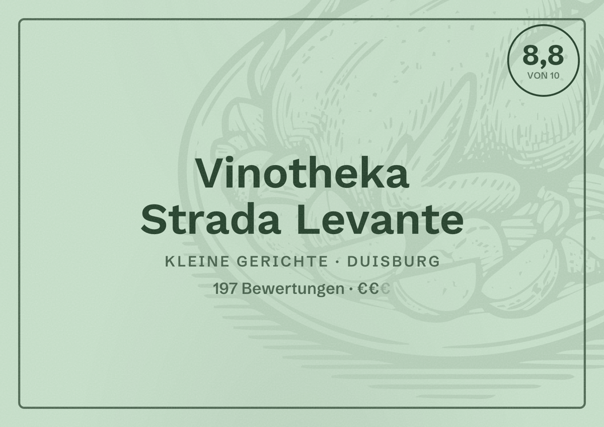 Illustriertes Poster von Vinotheka Strada Levante, Kleine Gerichte in Duisburg: Bewertung 8,8 von 10 aus 197 Bewertungen, Preisniveau €€