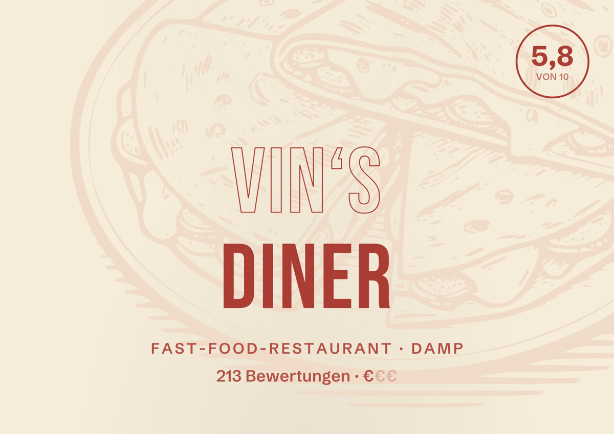 Illustriertes Poster von Vin‘s Diner, Fast-Food-Restaurant in Damp: Bewertung 5,8 von 10 aus 213 Bewertungen, Preisniveau €
