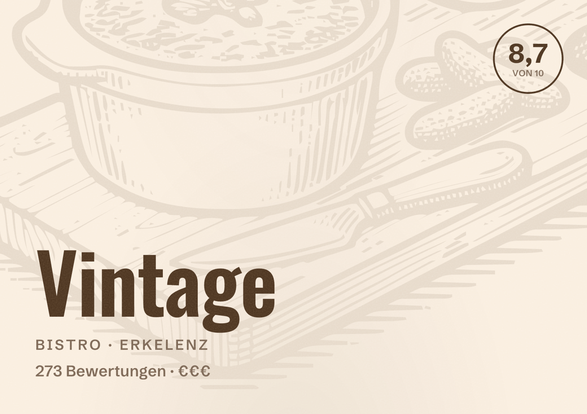 Illustriertes Poster von Vintage, Bistro in Erkelenz: Bewertung 8,7 von 10 aus 273 Bewertungen, Preisniveau €€€
