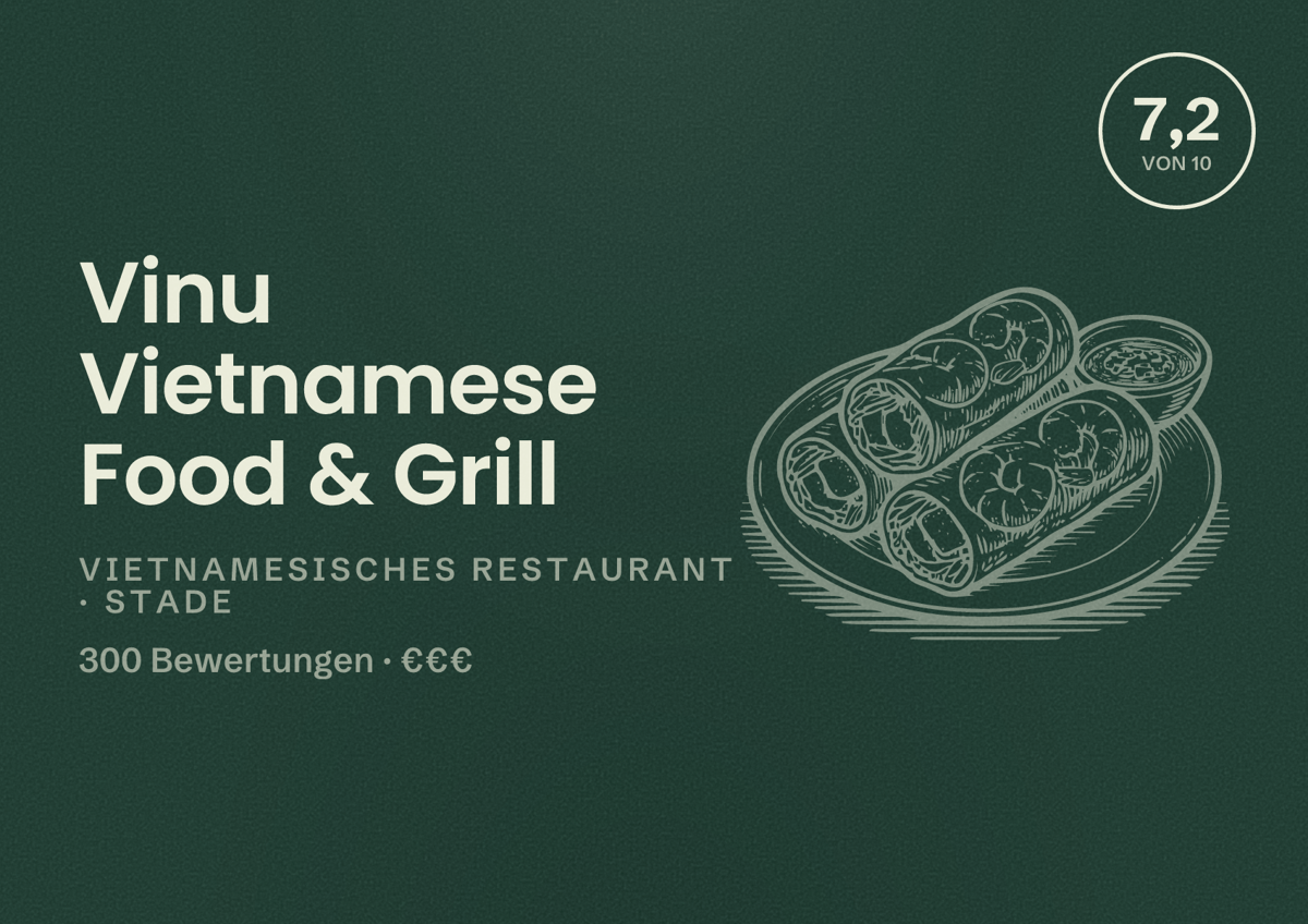 Illustriertes Poster von Vinu Vietnamese Food & Grill, Vietnamesisches Restaurant in Stade: Bewertung 7,2 von 10 aus 300 Bewertungen, Preisniveau €€€