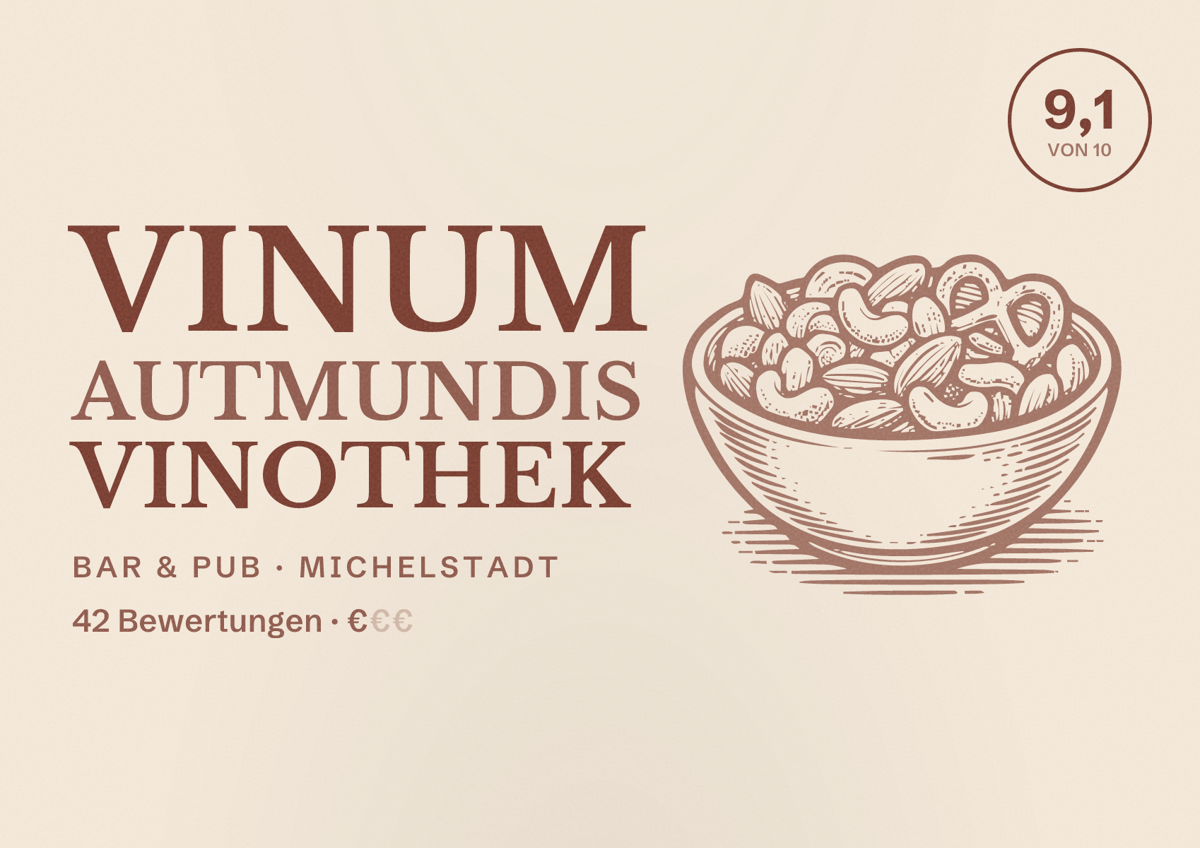 Illustriertes Poster von vinum autmundis Vinothek, Bar & Pub in Michelstadt: Bewertung 9,1 von 10 aus 42 Bewertungen, Preisniveau €