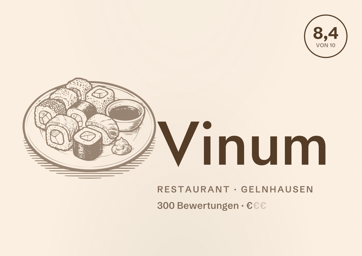Illustriertes Poster von Vinum, Restaurant in Gelnhausen: Bewertung 8,4 von 10 aus 300 Bewertungen, Preisniveau €