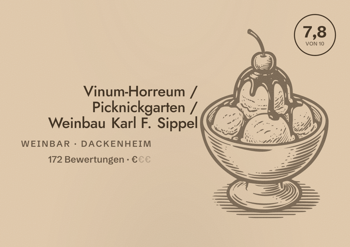 Illustriertes Poster von Vinum-Horreum / Picknickgarten / Weinbau Karl F. Sippel, Weinbar in Dackenheim: Bewertung 7,8 von 10 aus 172 Bewertungen, Preisniveau €