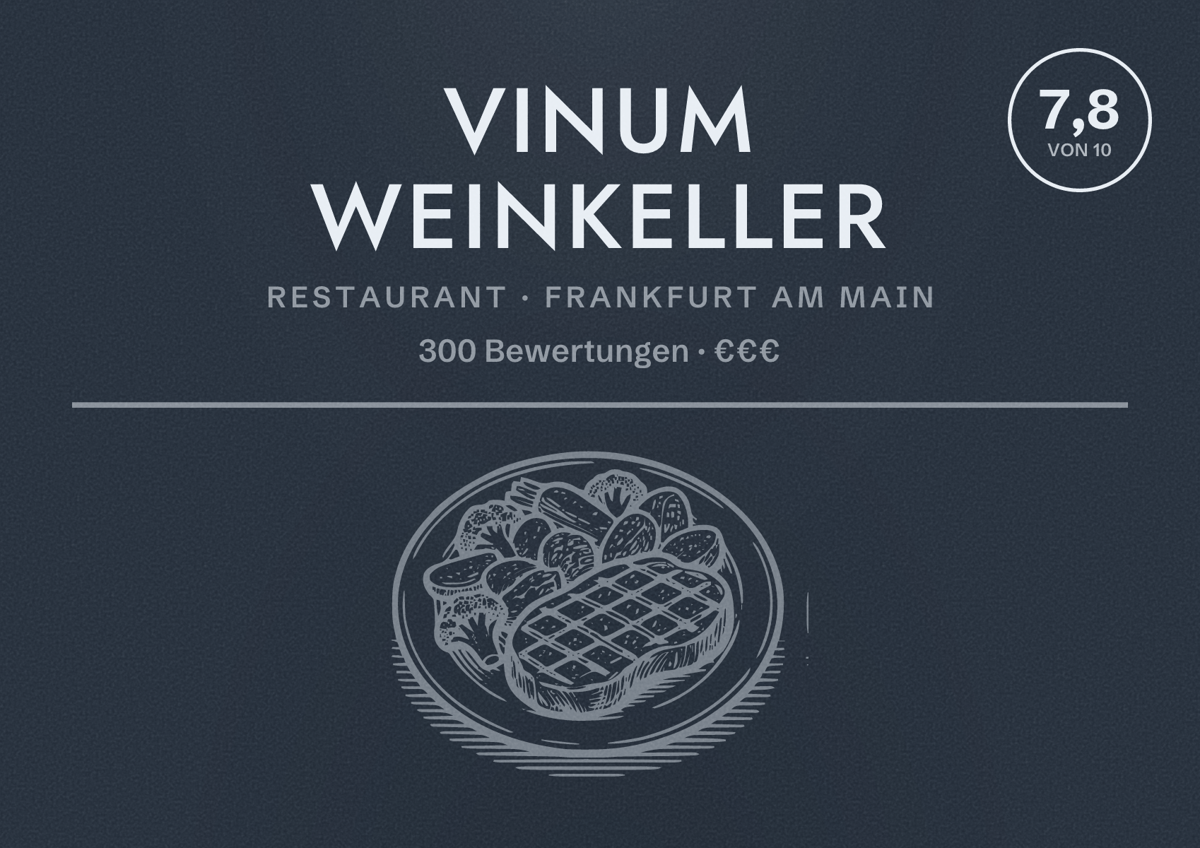 Illustriertes Poster von Vinum Weinkeller, Restaurant in Frankfurt am Main: Bewertung 7,8 von 10 aus 300 Bewertungen, Preisniveau €€€