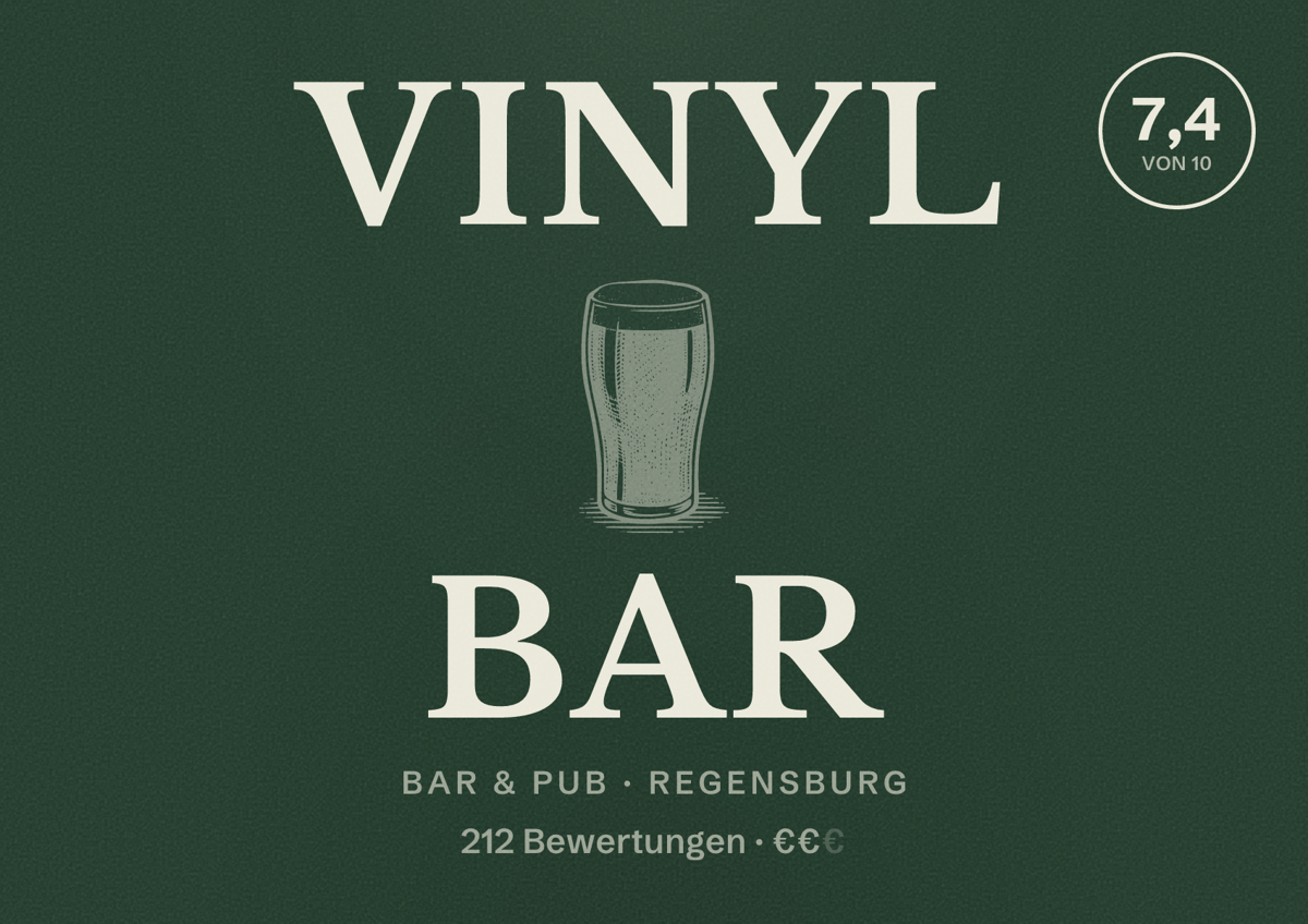 Illustriertes Poster von VINYL Bar, Bar & Pub in Regensburg: Bewertung 7,4 von 10 aus 212 Bewertungen, Preisniveau €€