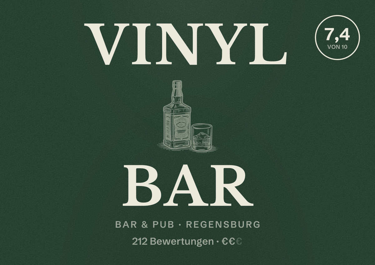 Illustriertes Poster von VINYL Bar, Bar & Pub in Regensburg: Bewertung 7,4 von 10 aus 212 Bewertungen, Preisniveau €€