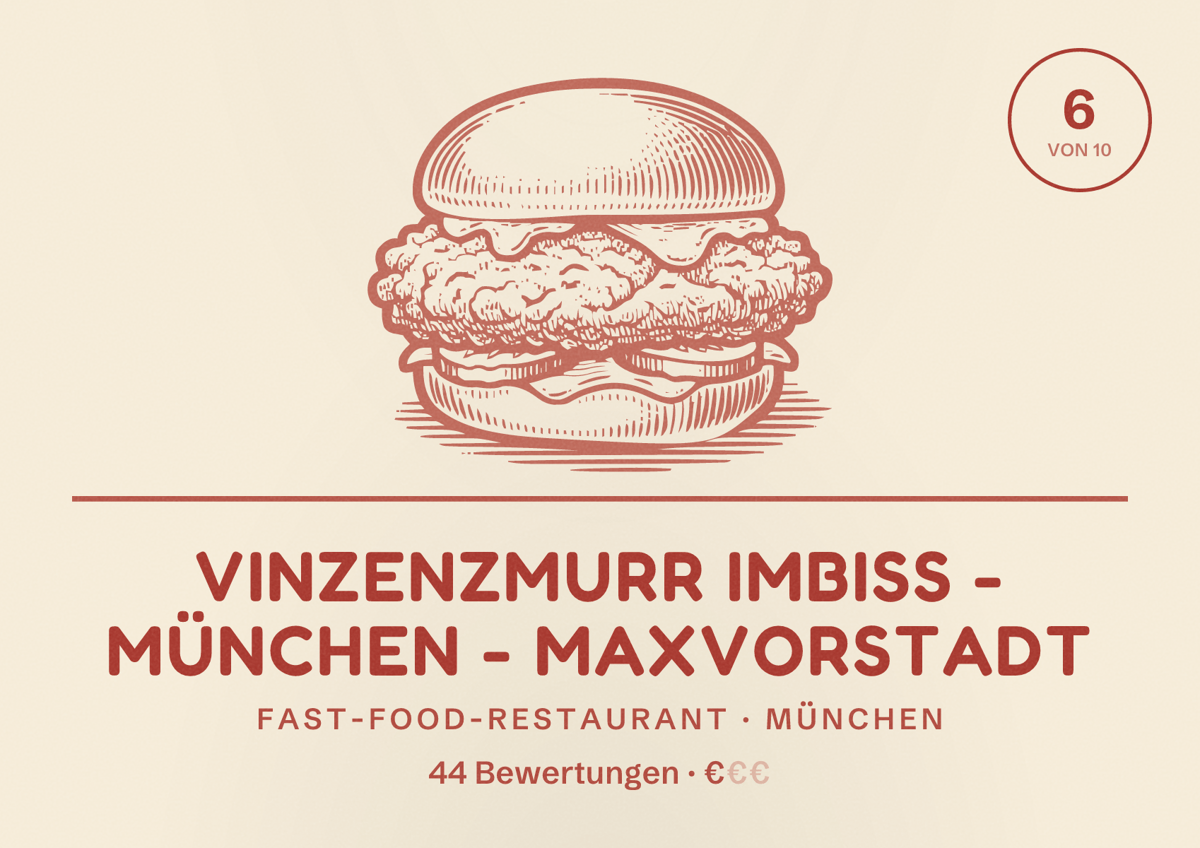 Illustriertes Poster von Vinzenzmurr Imbiss - München - Maxvorstadt, Fast-Food-Restaurant in München: Bewertung 6,0 von 10 aus 44 Bewertungen, Preisniveau €