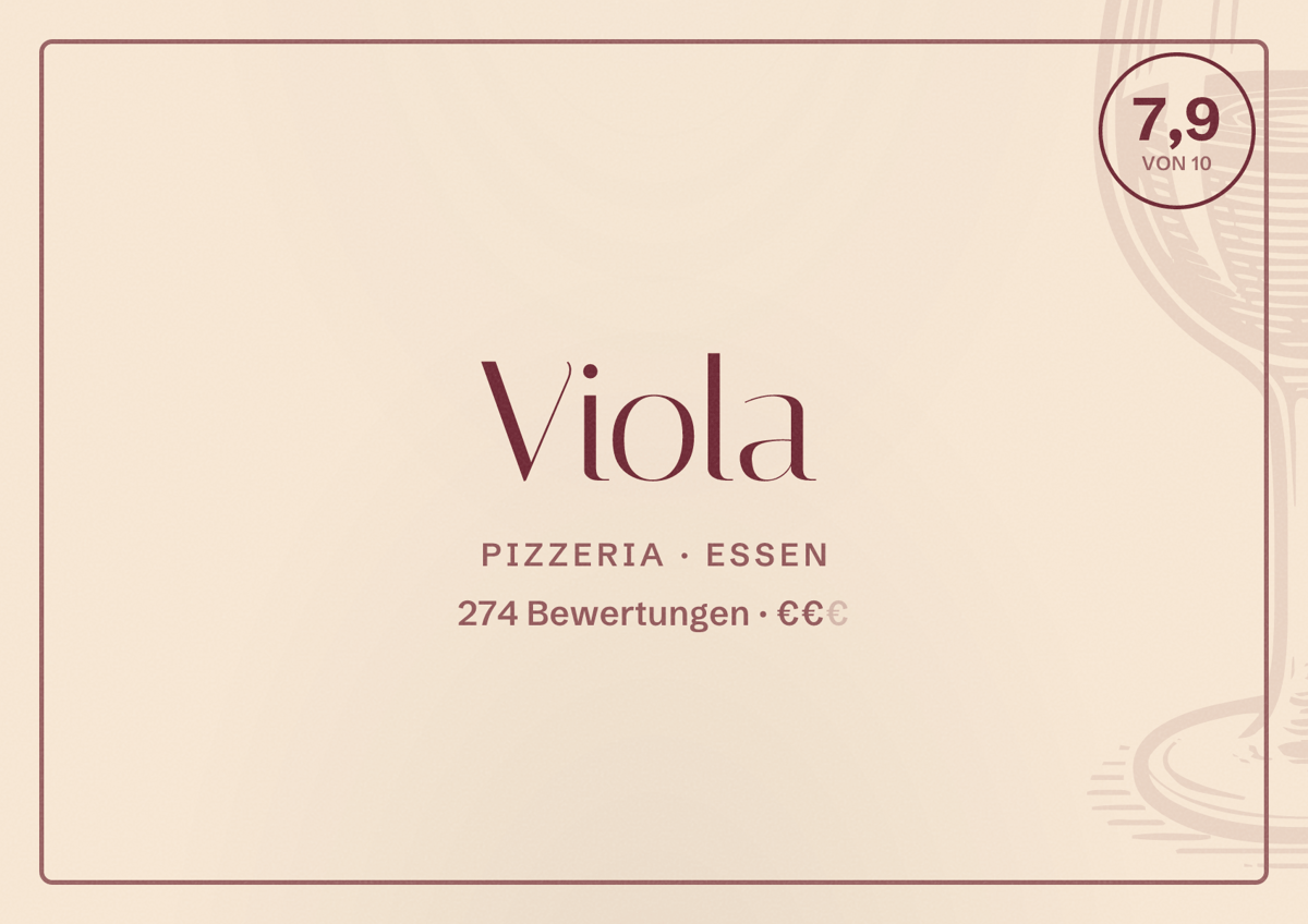 Illustriertes Poster von Viola, Pizzeria in Essen: Bewertung 7,9 von 10 aus 274 Bewertungen, Preisniveau €€