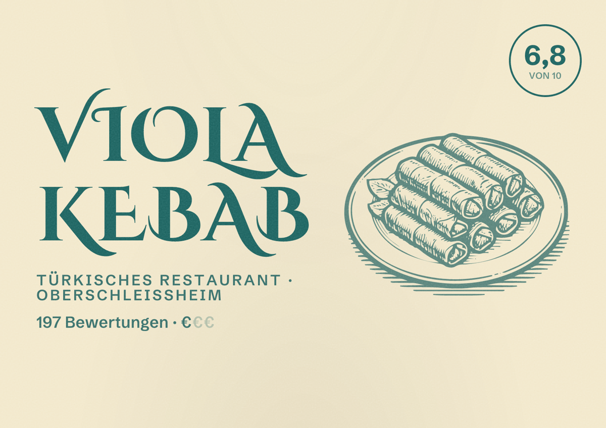 Illustriertes Poster von Viola Kebab, Türkisches Restaurant in Oberschleißheim: Bewertung 6,8 von 10 aus 197 Bewertungen, Preisniveau €