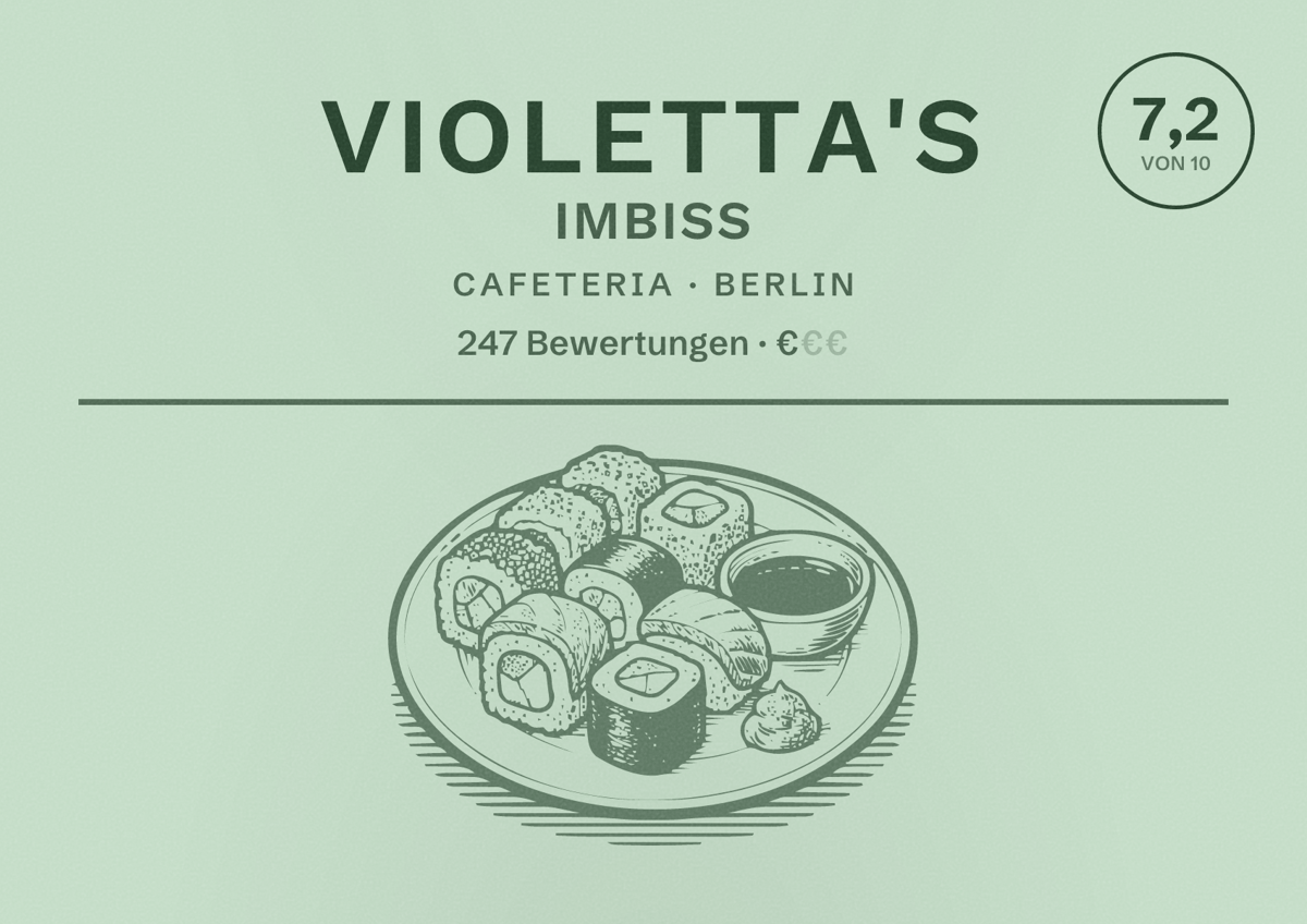 Illustriertes Poster von Violetta's Imbiss, Cafeteria in Berlin: Bewertung 7,2 von 10 aus 247 Bewertungen, Preisniveau €