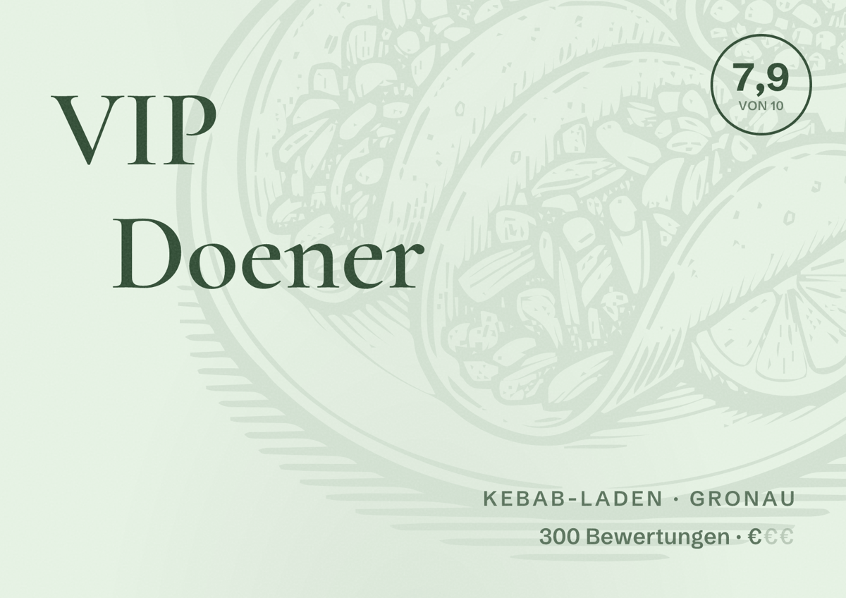 Illustriertes Poster von VIP Doener, Kebab-Laden in Gronau: Bewertung 7,9 von 10 aus 300 Bewertungen, Preisniveau €