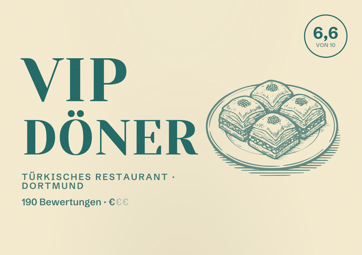 Illustriertes Poster von Vip Döner, Türkisches Restaurant in Dortmund: Bewertung 6,6 von 10 aus 190 Bewertungen, Preisniveau €