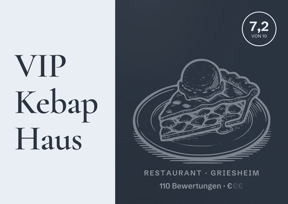 Illustriertes Poster von VIP Kebap Haus, Restaurant in Griesheim: Bewertung 7,2 von 10 aus 110 Bewertungen, Preisniveau €