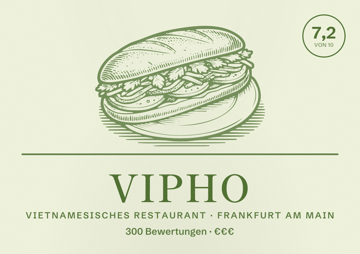 Illustriertes Poster von Vipho, Vietnamesisches Restaurant in Frankfurt am Main: Bewertung 7,2 von 10 aus 300 Bewertungen, Preisniveau €€€