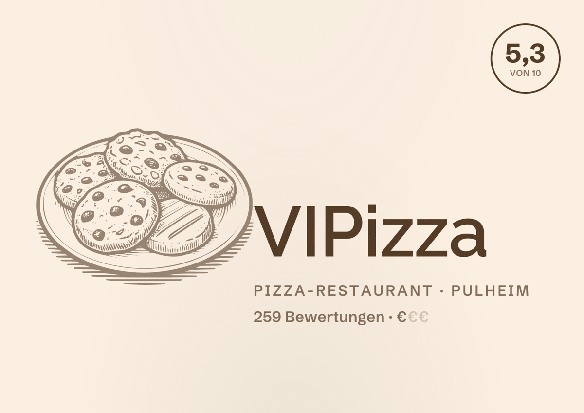 Illustriertes Poster von VIPizza, Pizza-Restaurant in Pulheim: Bewertung 5,3 von 10 aus 259 Bewertungen, Preisniveau €