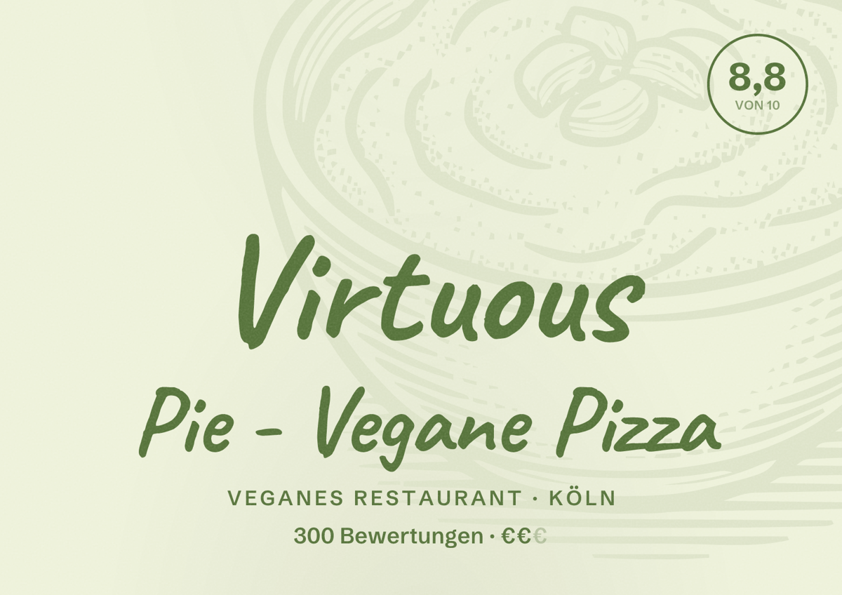 Illustriertes Poster von Virtuous Pie - Vegane Pizza, Veganes Restaurant in Köln: Bewertung 8,8 von 10 aus 300 Bewertungen, Preisniveau €€