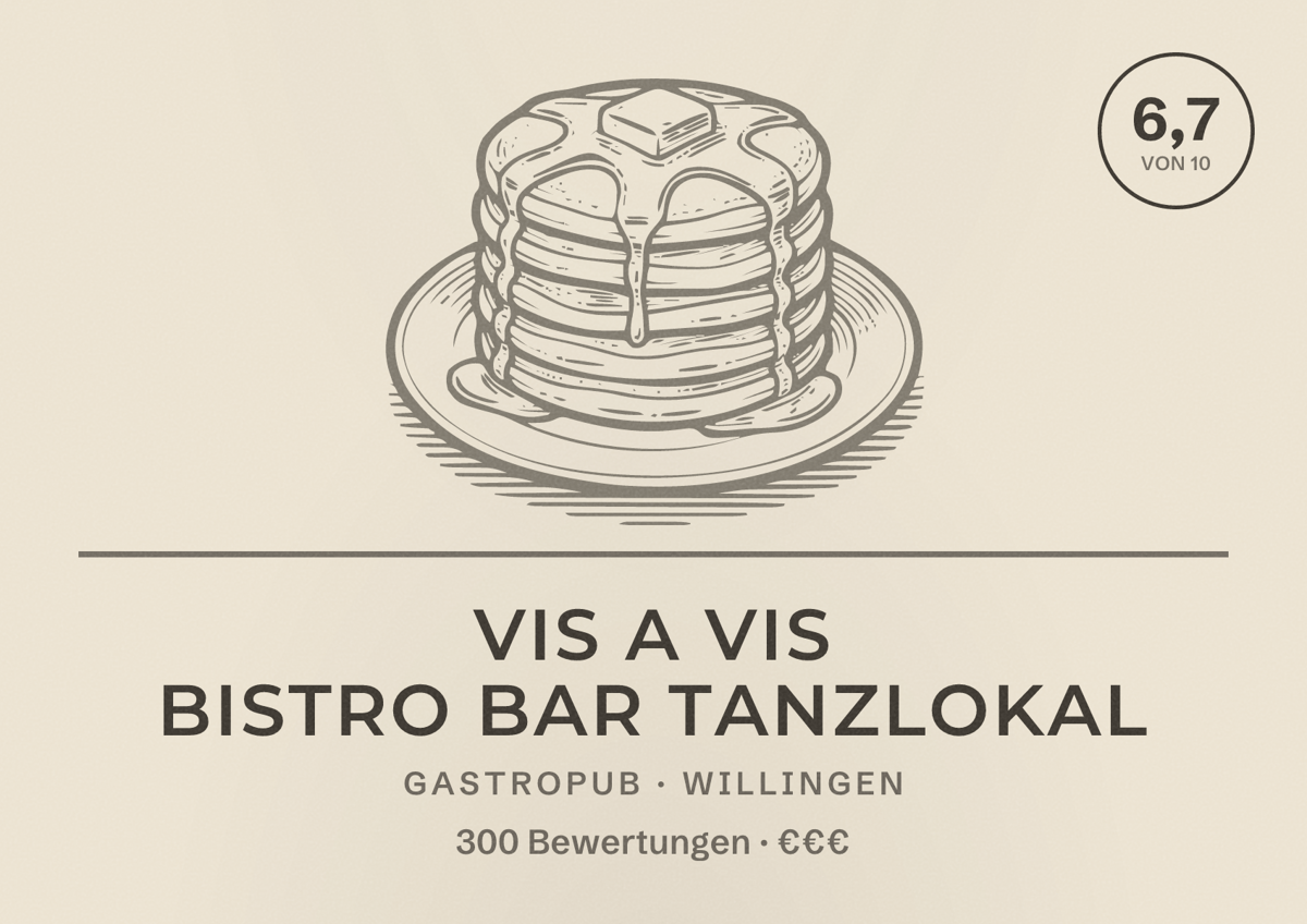 Illustriertes Poster von Vis a Vis Bistro Bar Tanzlokal, Gastropub in Willingen: Bewertung 6,7 von 10 aus 300 Bewertungen, Preisniveau €€€