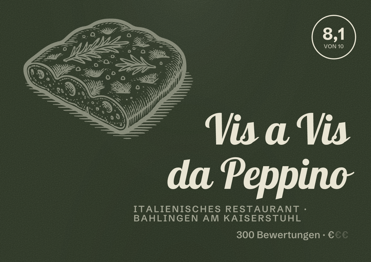 Illustriertes Poster von Vis a Vis da Peppino, Italienisches Restaurant in Bahlingen am Kaiserstuhl: Bewertung 8,1 von 10 aus 300 Bewertungen, Preisniveau €