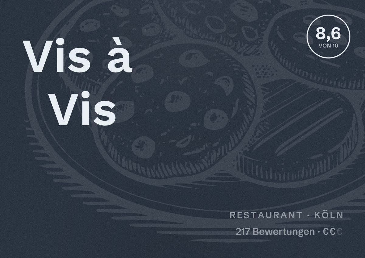 Illustriertes Poster von Vis à Vis, Restaurant in Köln: Bewertung 8,6 von 10 aus 217 Bewertungen, Preisniveau €€