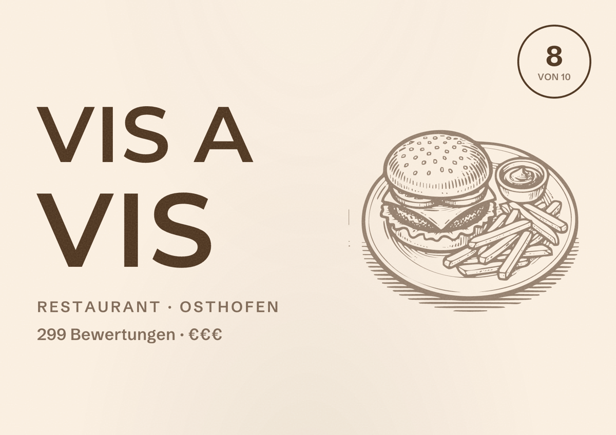Illustriertes Poster von Vis a Vis, Restaurant in Osthofen: Bewertung 8 von 10 aus 299 Bewertungen, Preisniveau €€€
