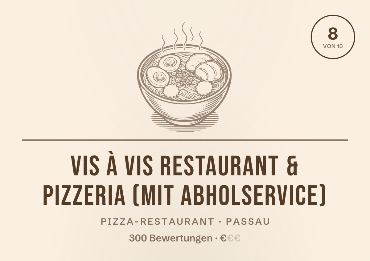 Illustriertes Poster von Vis à Vis Restaurant & Pizzeria (mit Abholservice), Pizza-Restaurant in Passau: Bewertung 8 von 10 aus 300 Bewertungen, Preisniveau €