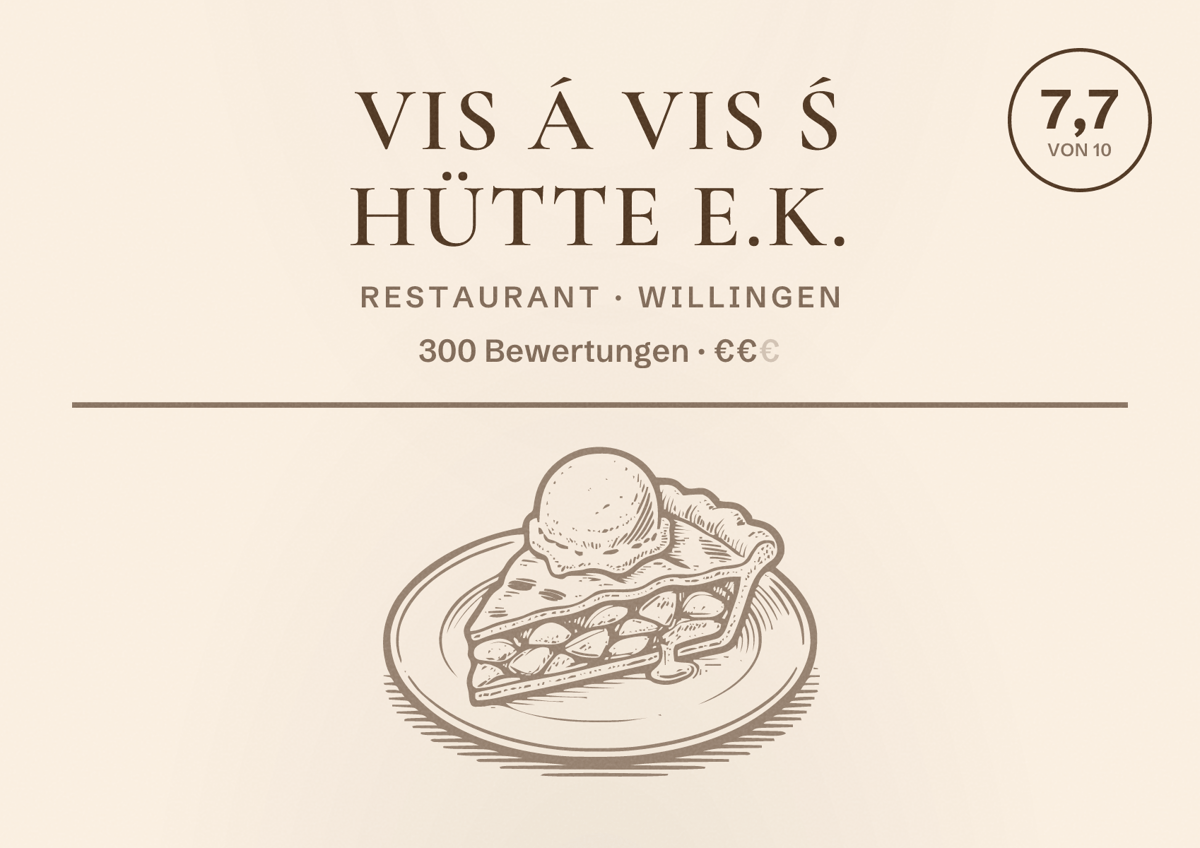 Illustriertes Poster von Vis á Vis ś Hütte e.K., Restaurant in Willingen: Bewertung 7,7 von 10 aus 300 Bewertungen, Preisniveau €€