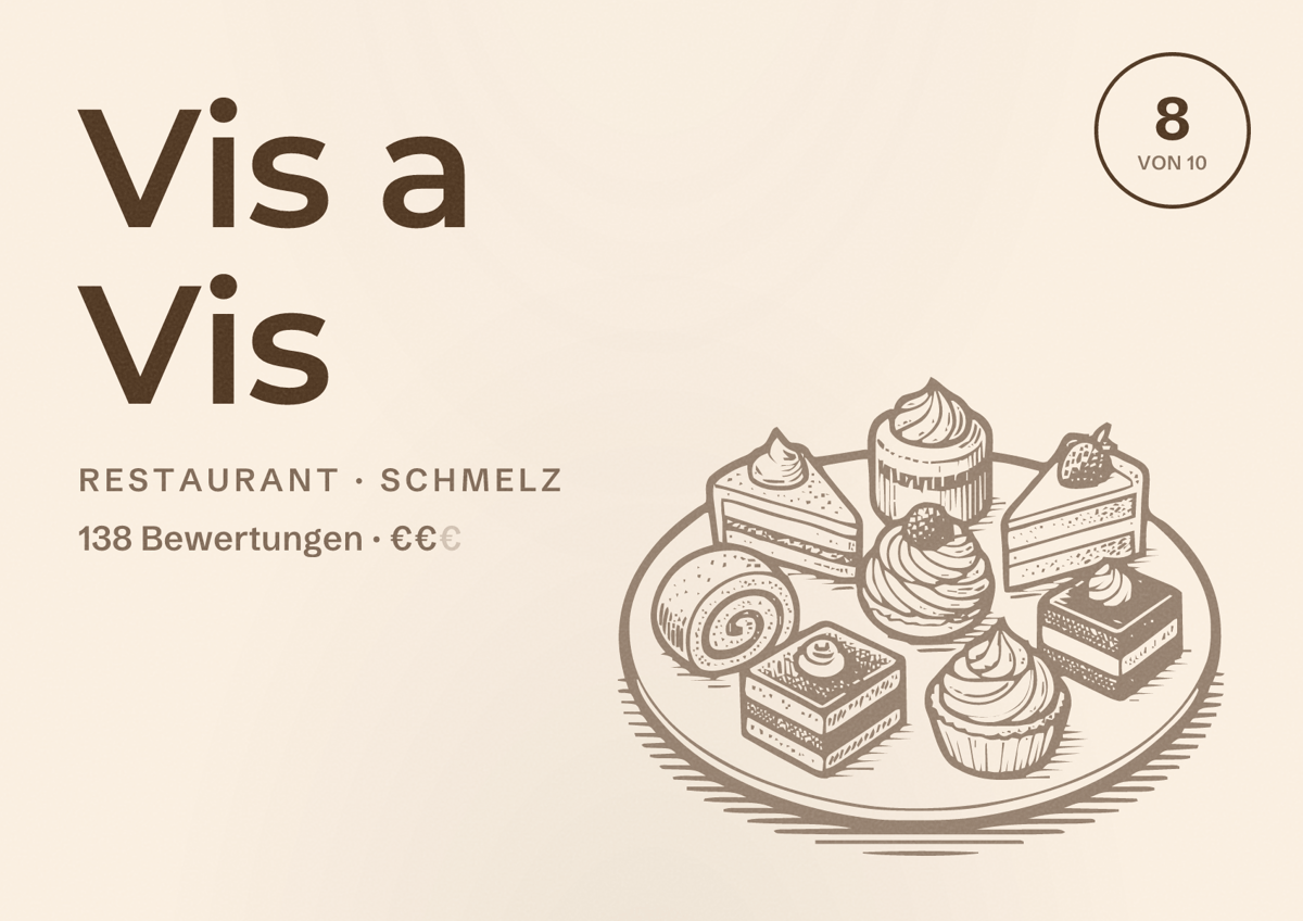 Illustriertes Poster von Vis a Vis, Restaurant in Schmelz: Bewertung 8 von 10 aus 138 Bewertungen, Preisniveau €€