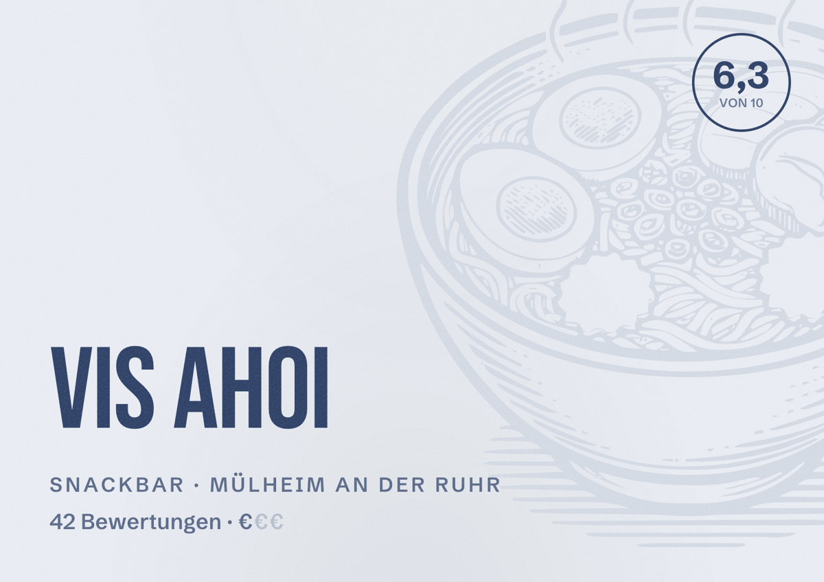 Illustriertes Poster von Vis Ahoi, Snackbar in Mülheim an der Ruhr: Bewertung 6,3 von 10 aus 42 Bewertungen, Preisniveau €