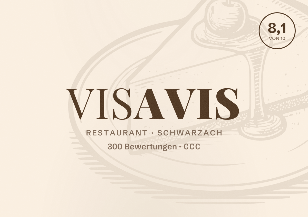 Illustriertes Poster von visavis, Restaurant in Schwarzach: Bewertung 8,1 von 10 aus 300 Bewertungen, Preisniveau €€€