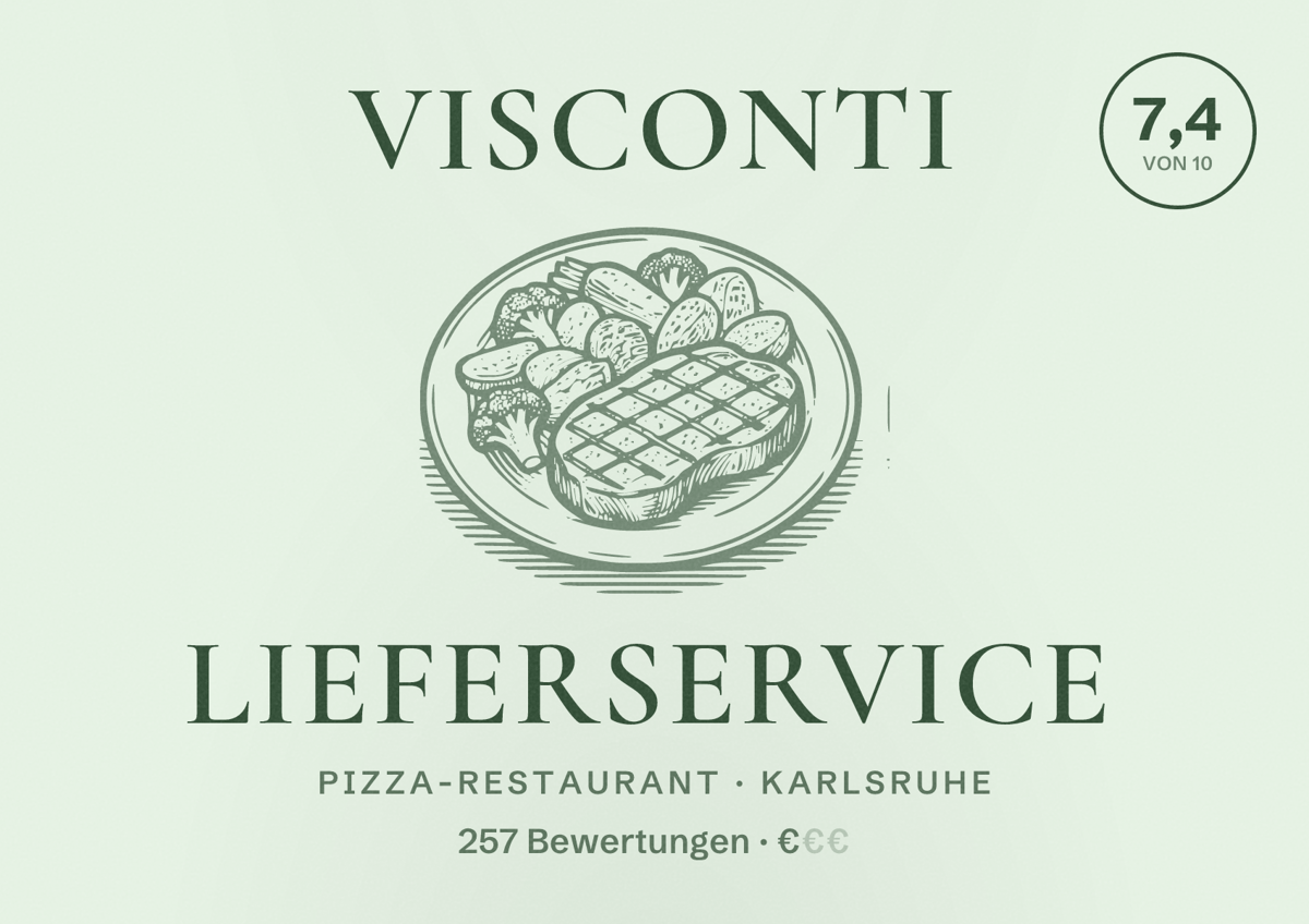 Illustriertes Poster von Visconti Lieferservice, Pizza-Restaurant in Karlsruhe: Bewertung 7,4 von 10 aus 257 Bewertungen, Preisniveau €