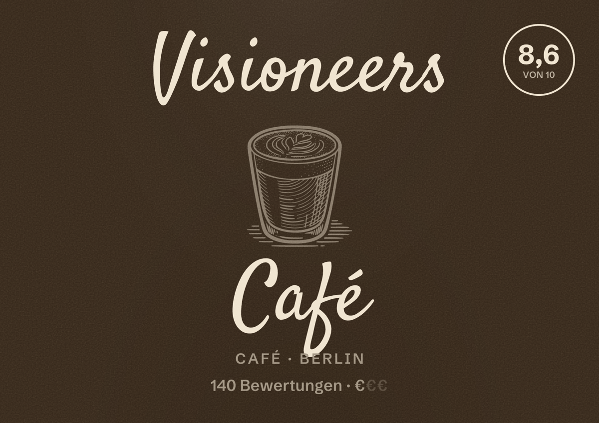 Illustriertes Poster von Visioneers Café, Café in Berlin: Bewertung 8,6 von 10 aus 140 Bewertungen, Preisniveau €
