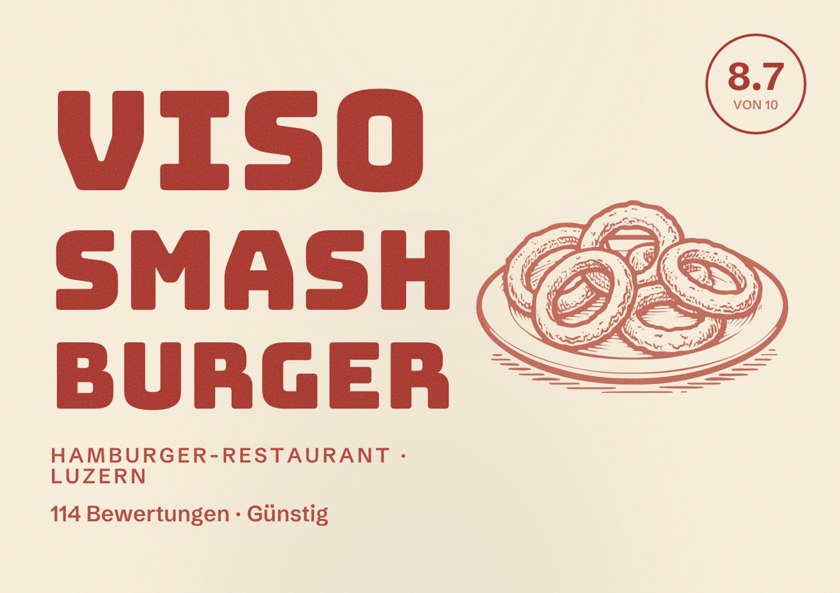 Illustriertes Poster von Viso Smash Burger, Hamburger-Restaurant in Luzern: Bewertung 8.7 von 10 aus 114 Bewertungen, Preisniveau Günstig