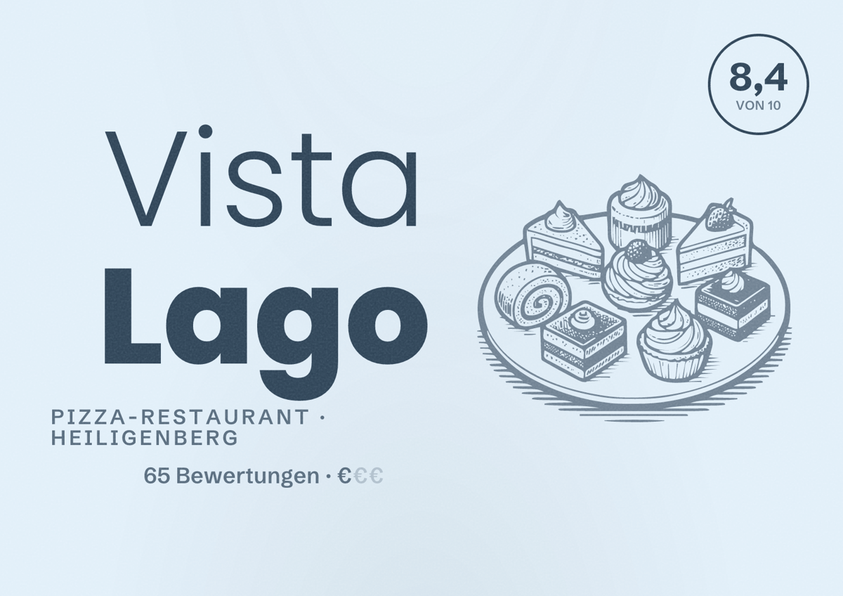 Illustriertes Poster von Vista Lago, Pizza-Restaurant in Heiligenberg: Bewertung 8,4 von 10 aus 65 Bewertungen, Preisniveau €