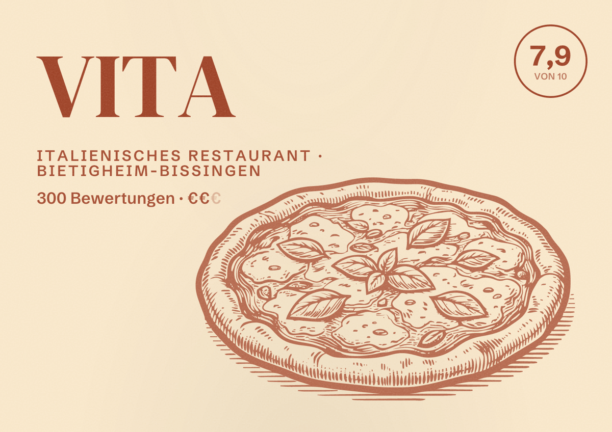 Illustriertes Poster von VITA, Italienisches Restaurant in Bietigheim-Bissingen: Bewertung 7,9 von 10 aus 300 Bewertungen, Preisniveau €€
