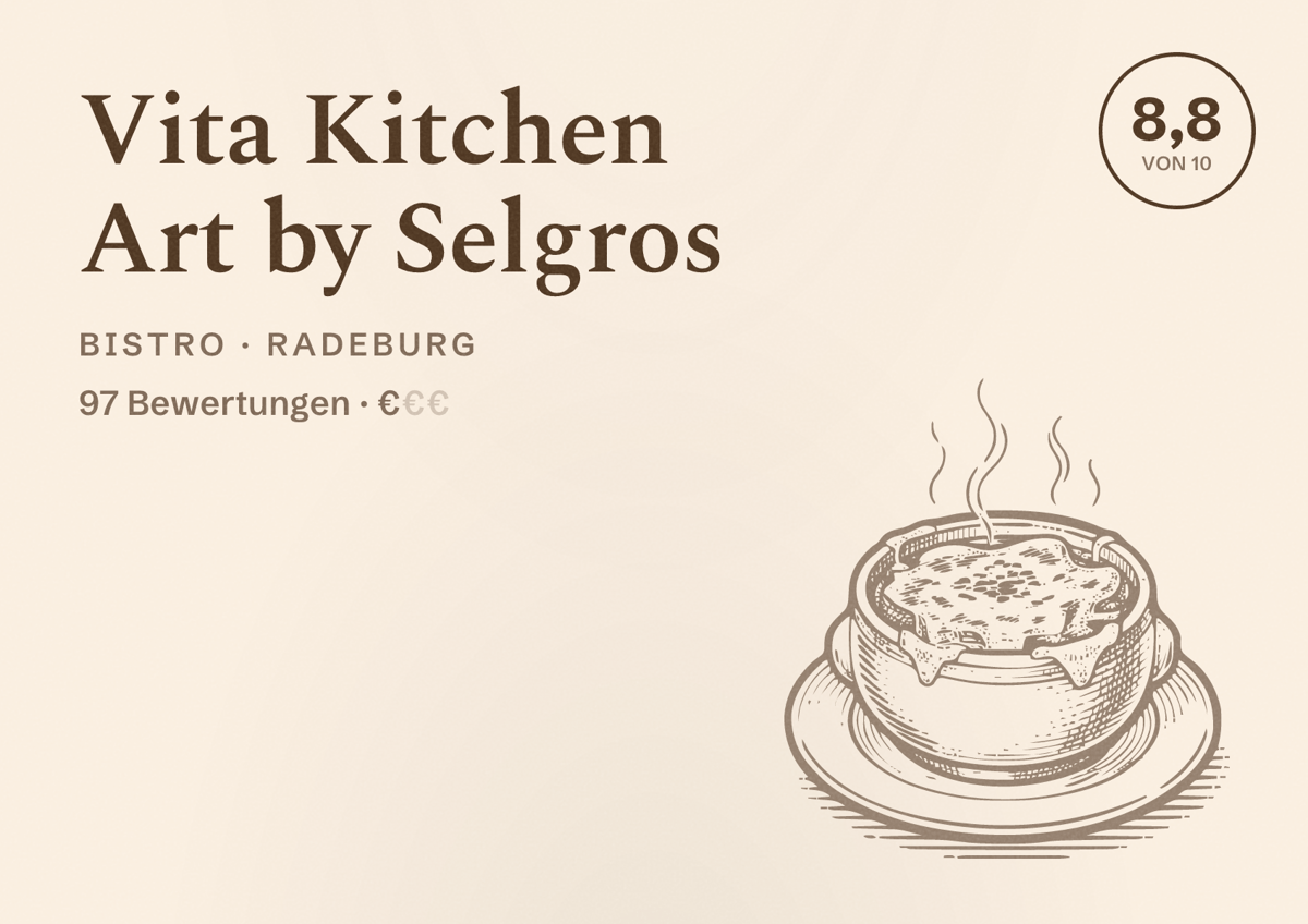 Illustriertes Poster von Vita Kitchen Art by Selgros, Bistro in Radeburg: Bewertung 8,8 von 10 aus 97 Bewertungen, Preisniveau €