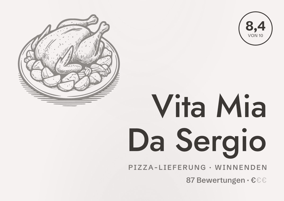 Illustriertes Poster von Vita Mia Da Sergio, Pizza-Lieferung in Winnenden: Bewertung 8,4 von 10 aus 87 Bewertungen, Preisniveau €
