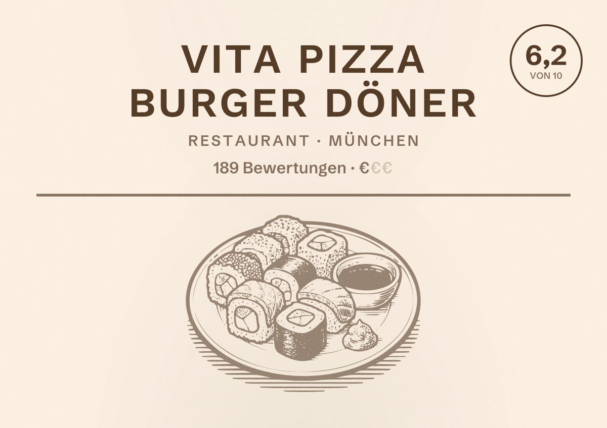 Illustriertes Poster von Vita Pizza Burger Döner, Restaurant in München: Bewertung 6,2 von 10 aus 189 Bewertungen, Preisniveau €