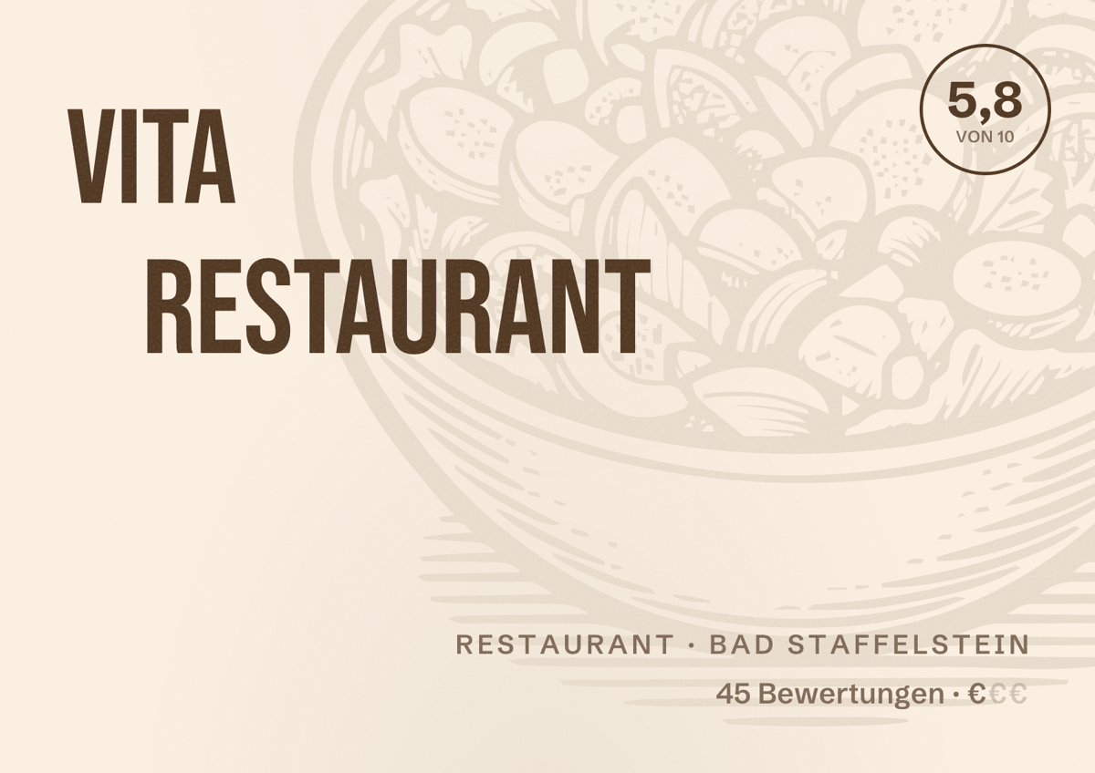 Illustriertes Poster von Vita Restaurant, Restaurant in Bad Staffelstein: Bewertung 5,8 von 10 aus 45 Bewertungen, Preisniveau €