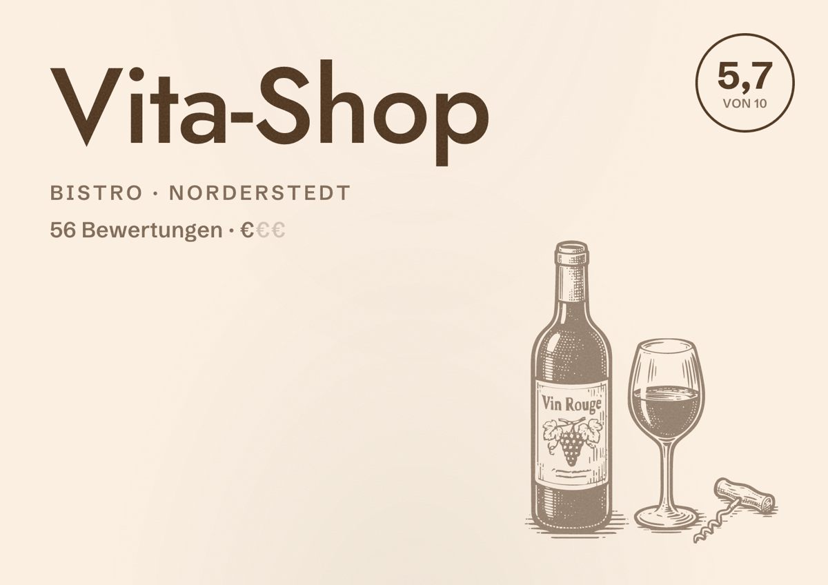 Illustriertes Poster von Vita-Shop, Bistro in Norderstedt: Bewertung 5,7 von 10 aus 56 Bewertungen, Preisniveau €