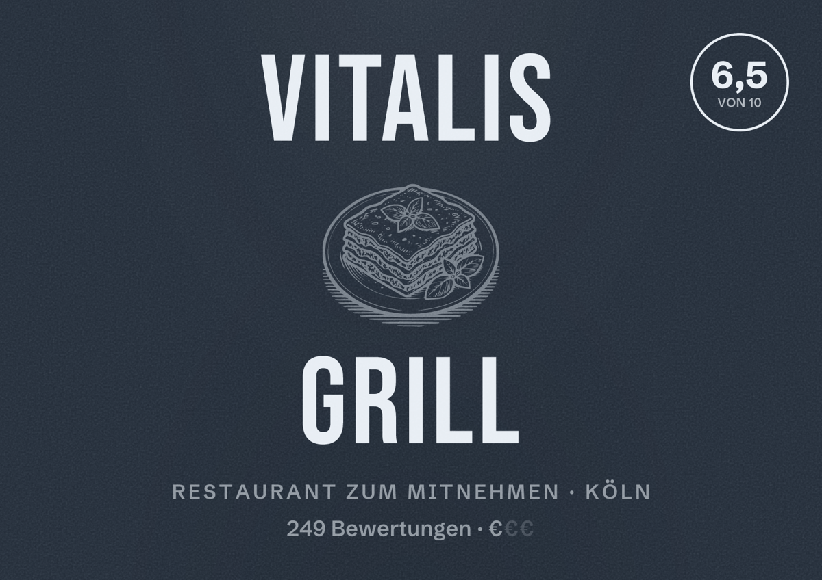 Illustriertes Poster von Vitalis Grill, Restaurant zum Mitnehmen in Köln: Bewertung 6,5 von 10 aus 249 Bewertungen, Preisniveau €