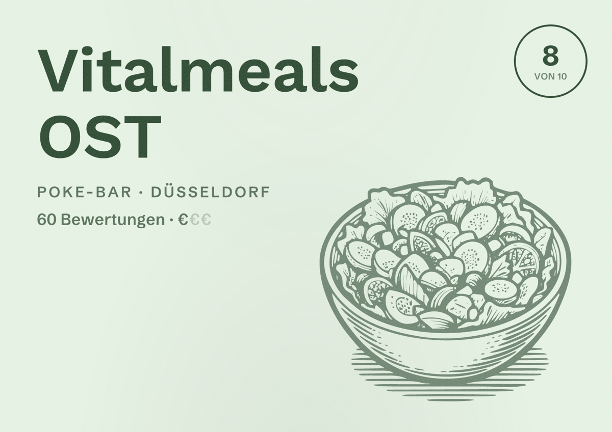 Illustriertes Poster von Vitalmeals OST, Poke-Bar in Düsseldorf: Bewertung 8,0 von 10 aus 60 Bewertungen, Preisniveau €
