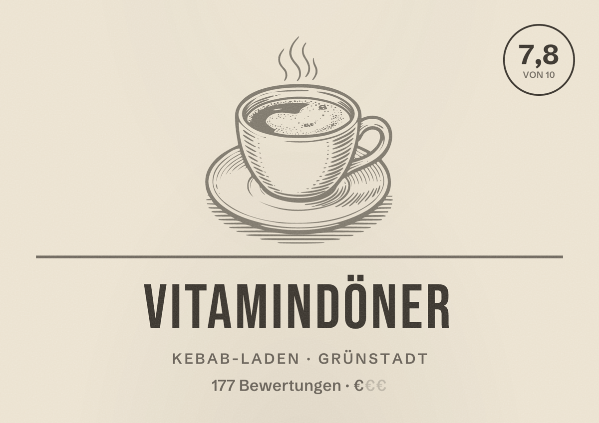 Illustriertes Poster von Vitamindöner, Kebab-Laden in Grünstadt: Bewertung 7,8 von 10 aus 177 Bewertungen, Preisniveau €