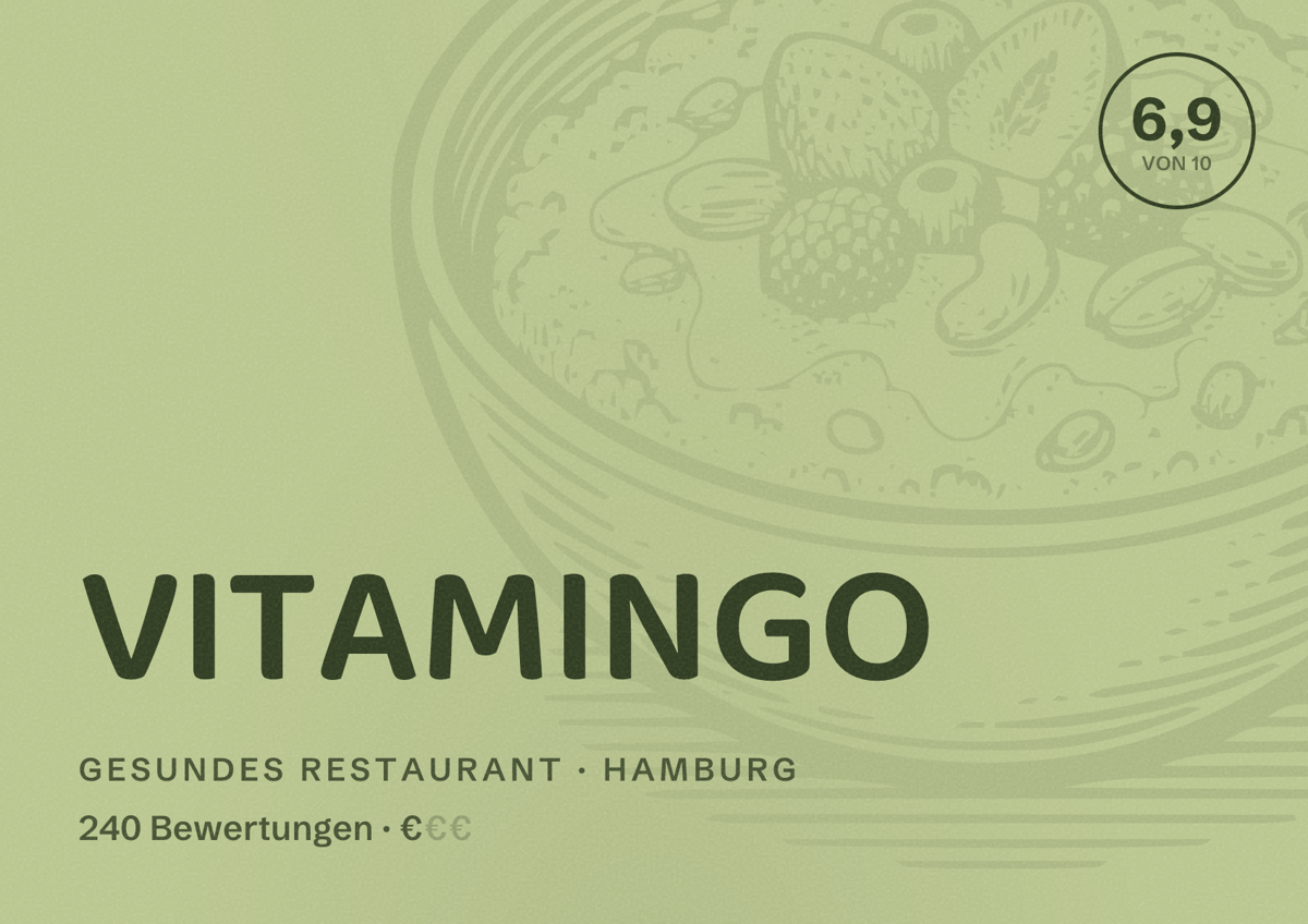 Illustriertes Poster von VITAMINGO, Gesundes Restaurant in Hamburg: Bewertung 6,9 von 10 aus 240 Bewertungen, Preisniveau €