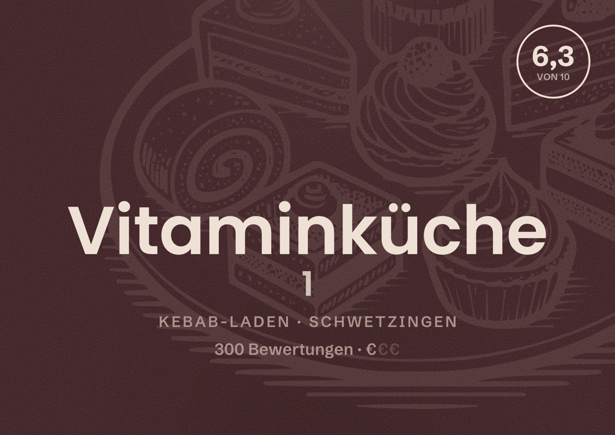 Illustriertes Poster von Vitaminküche 1, Kebab-Laden in Schwetzingen: Bewertung 6,3 von 10 aus 300 Bewertungen, Preisniveau €