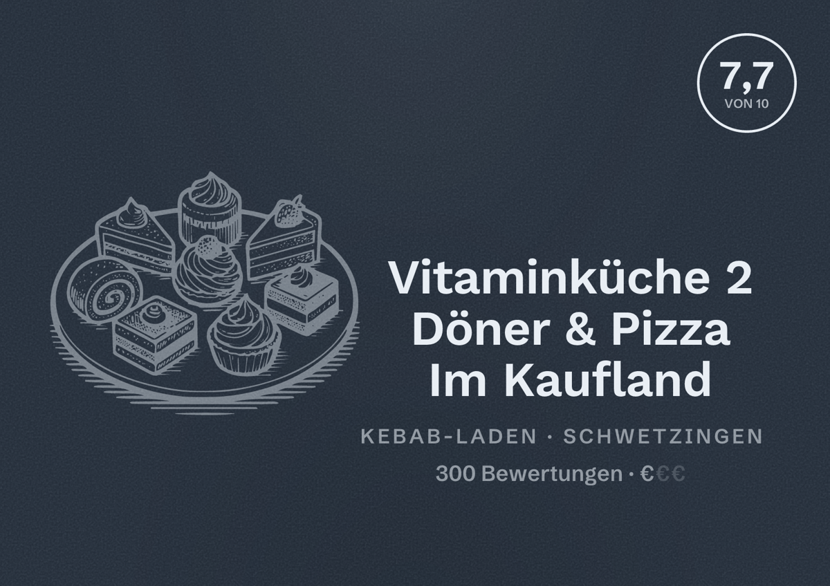 Illustriertes Poster von Vitaminküche 2 Döner & Pizza Im Kaufland, Kebab-Laden in Schwetzingen: Bewertung 7,7 von 10 aus 300 Bewertungen, Preisniveau €