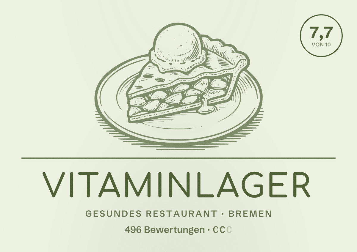 Illustriertes Poster von Vitaminlager, Gesundes Restaurant in Bremen: Bewertung 7,7 von 10 aus 496 Bewertungen, Preisniveau €€